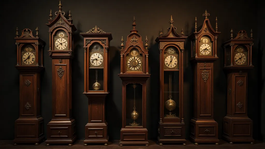 A collection of antique clocks displayed in a museum-like setting.