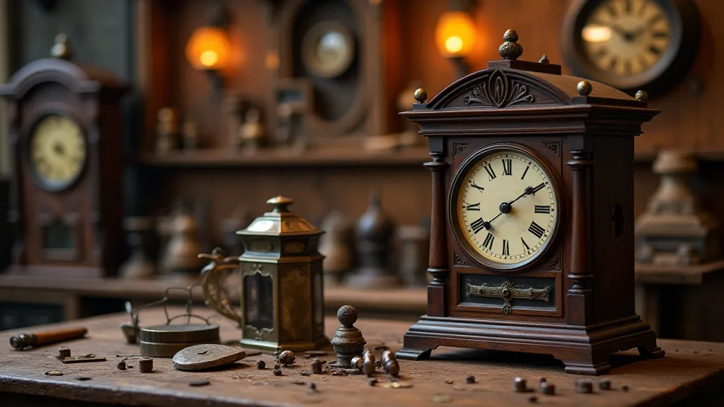 A clockmaker working on an antique clock in a workshop filled with tools and spare parts.