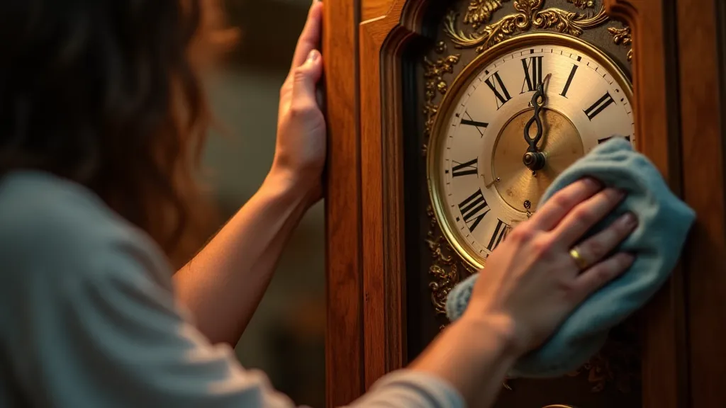 A person gently dusting an antique grandfather clock with a microfiber cloth.