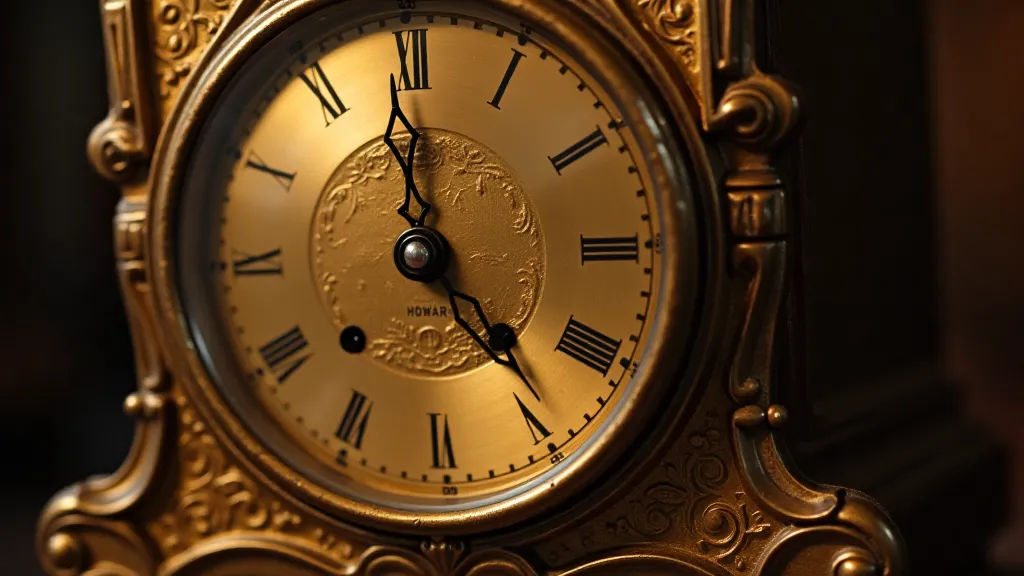A close-up of a Howard & Sons mantel clock displaying its ornate brass face and intricate details.