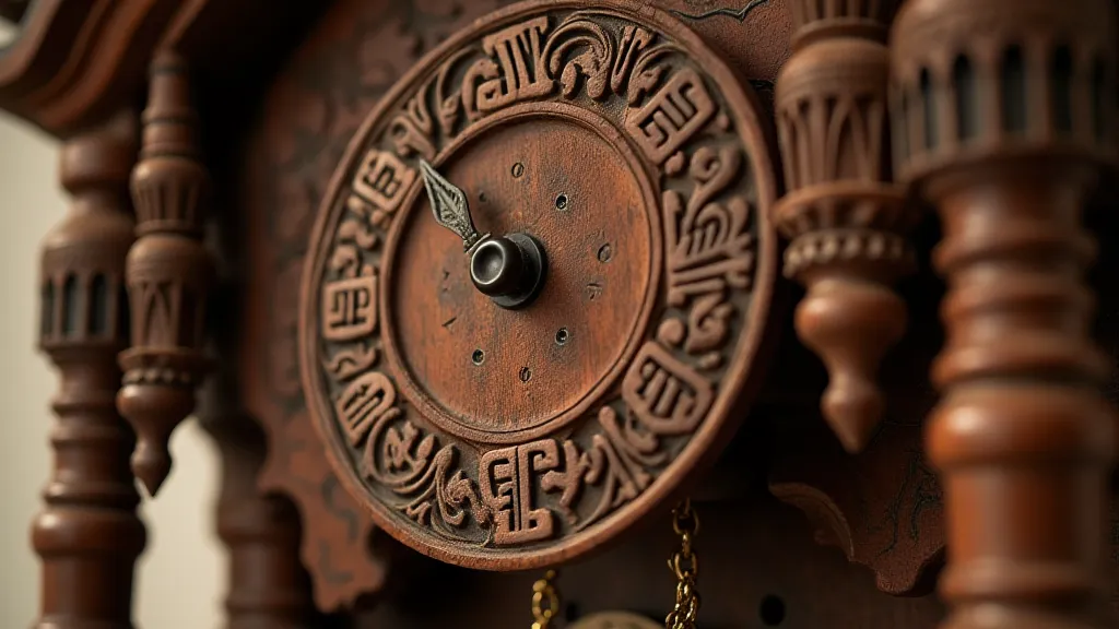 Close-up of a carved wooden pendulum